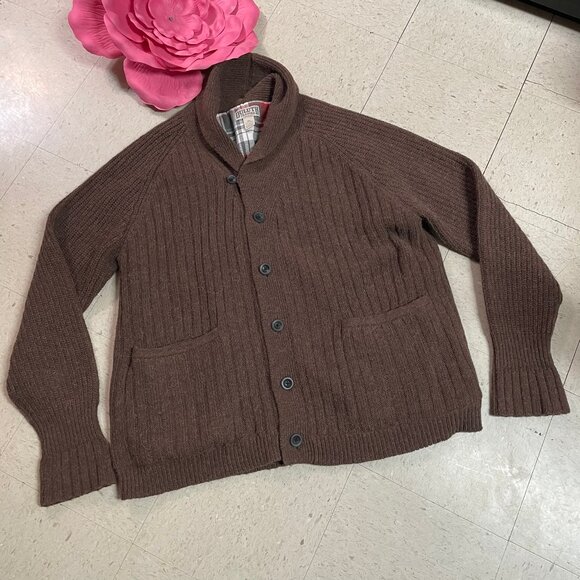 DULUTH TRADING CO Cardigan Brown‎ Woolpaca Shawl Collar Sweater Pockets - Picture 1 of 11